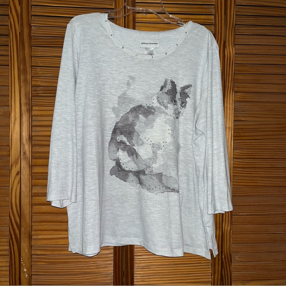 Alfred Dunner 3/4 Sleeve Embellished Cat Gray Shirt Size Large